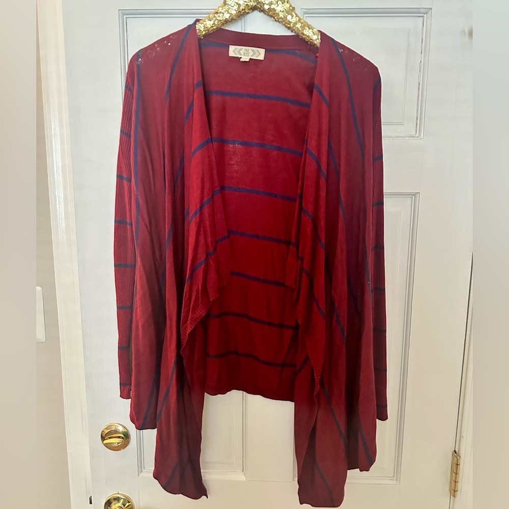 Pink Rose Burgundy and Navy Striped Waterfall Open Cardigan Size Large